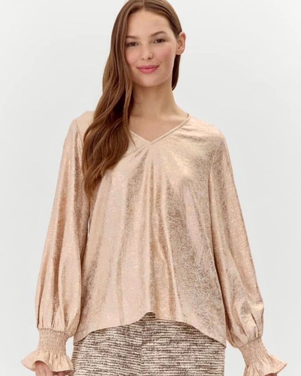Gold Shimmer Metallic V Neck Long Smock Ruffle Sleeve Blouse Top
