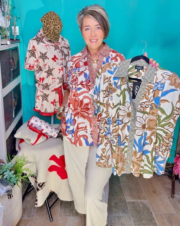 Mixed Contrasting Floral Print Brown or Crimson Button Down Short Sleeve Top