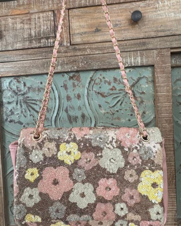 Beautiful Brown, Pink, Yellow & Blue Sequin Flower Clutch Bag Purse