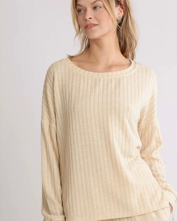 Plus Size Cream Ribbed Knit Long Sleeve Round Neck Top