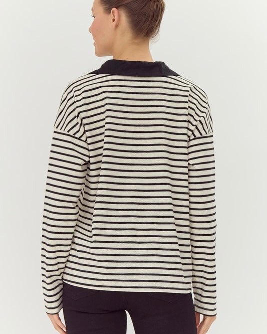 Black & White Striped Open Collar Contrasting Solid Trim Neck Long Sleeve Pullover Top