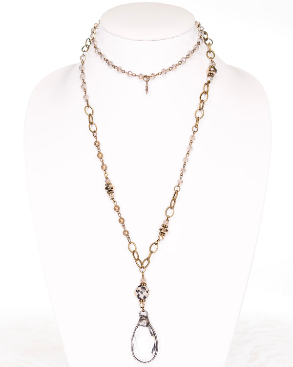Extra Long Gun Metal Link Chain with Mixed Beads and Crystal Teardrop Pendants