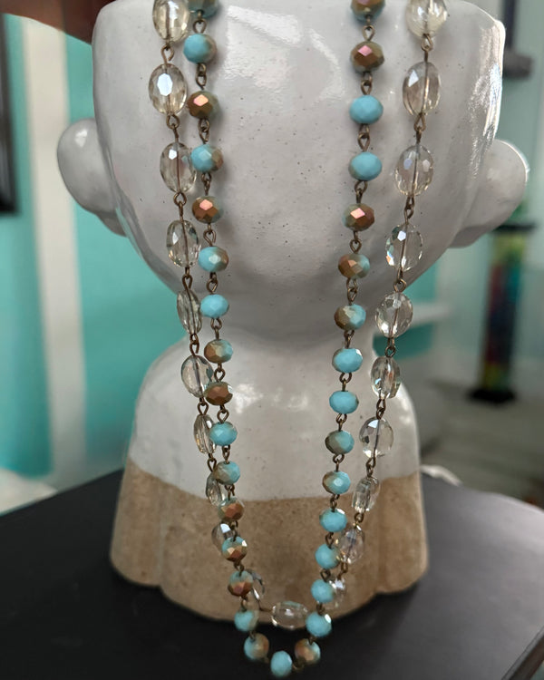 Boho Double Strand Turquoise & Crystal Bead Necklace