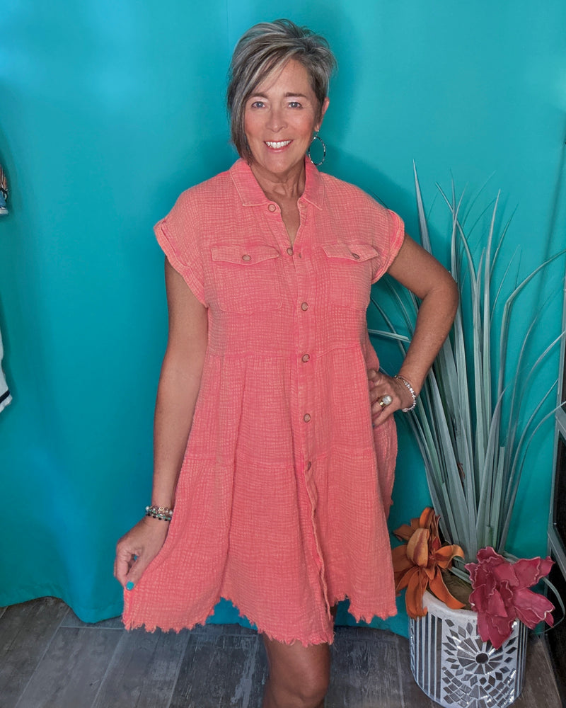 Green or Coral Mineral Washed Cotton Button Down Collared Neck Frayed Hem Short Sleeve Dress