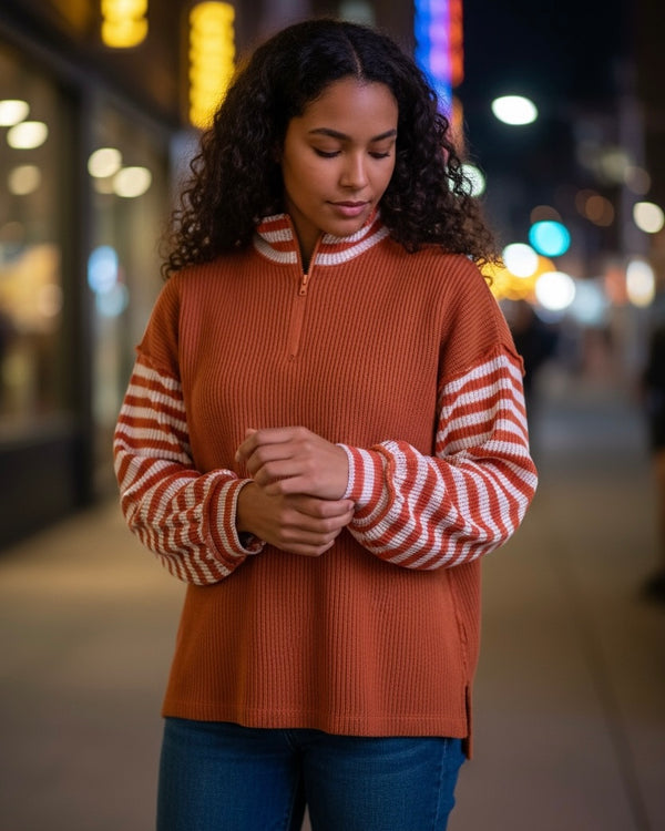 Solid Burnt Orange Contrast Stripe Sleeve Zip Neck Sweater Top