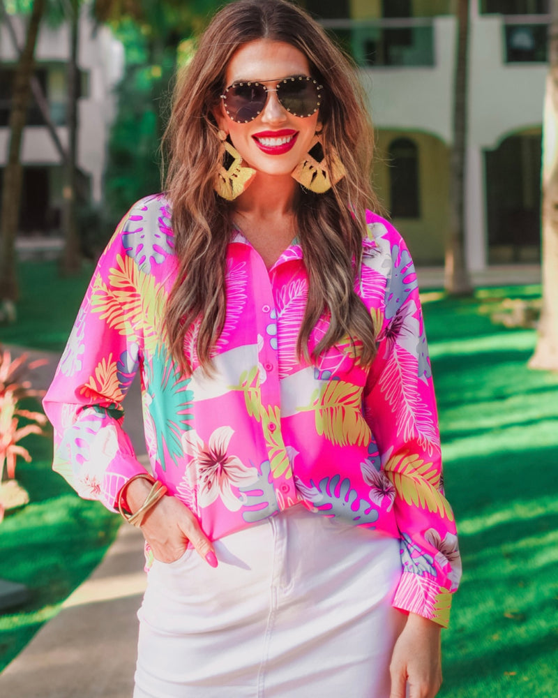 Pink Multicolor Tropical Trip to the Keys Button Up Long Sleeve Top