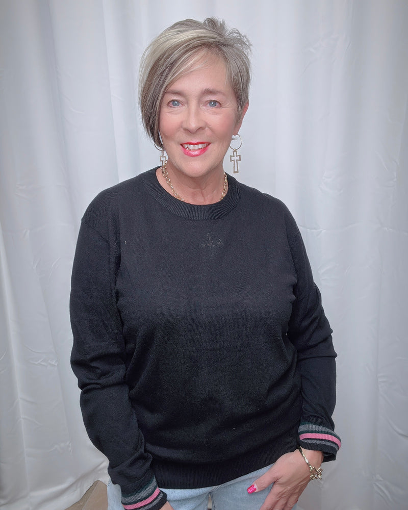 Solid Black or Gray Color Trim Lightweight Long Sleeve Sweater Knit Top