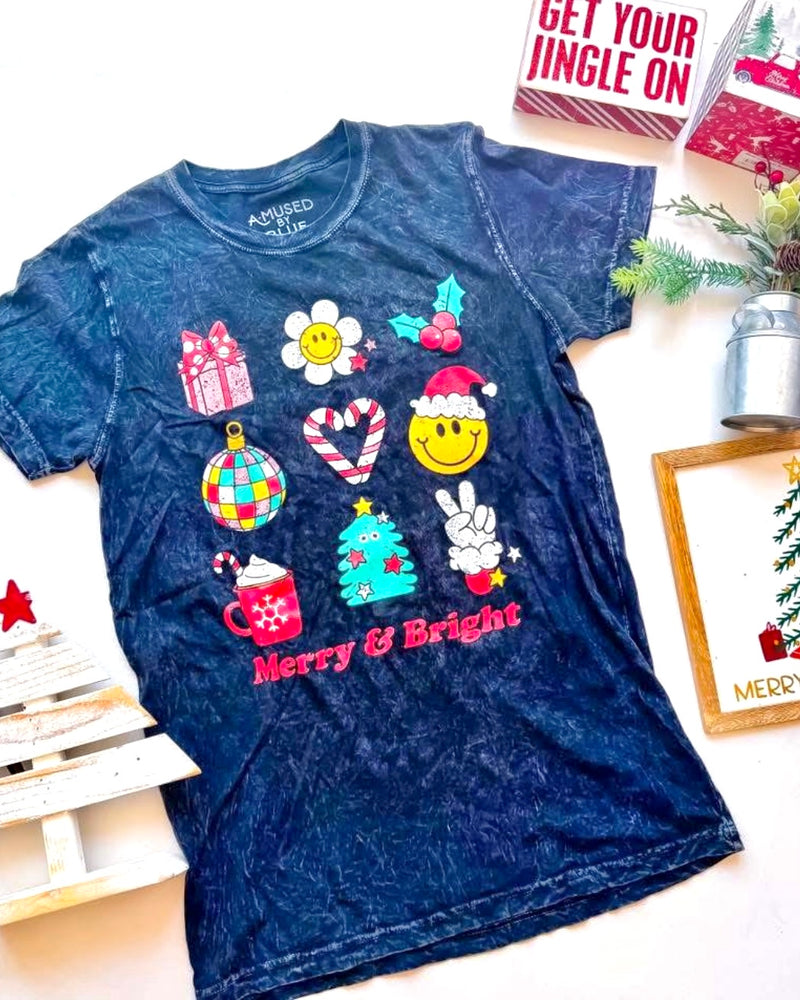 Christmas Holiday Merry & Bright Black Mineral Wash Christmas Short Sleeve T-Shirt Top