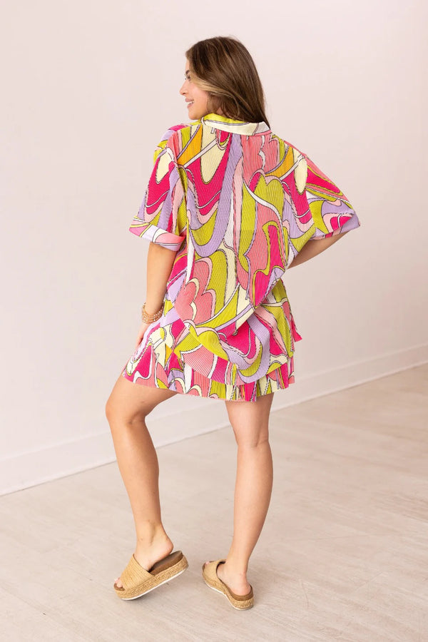 Multicolor Abstract Pleated 2 pc Short & Short Sleeve Top Set