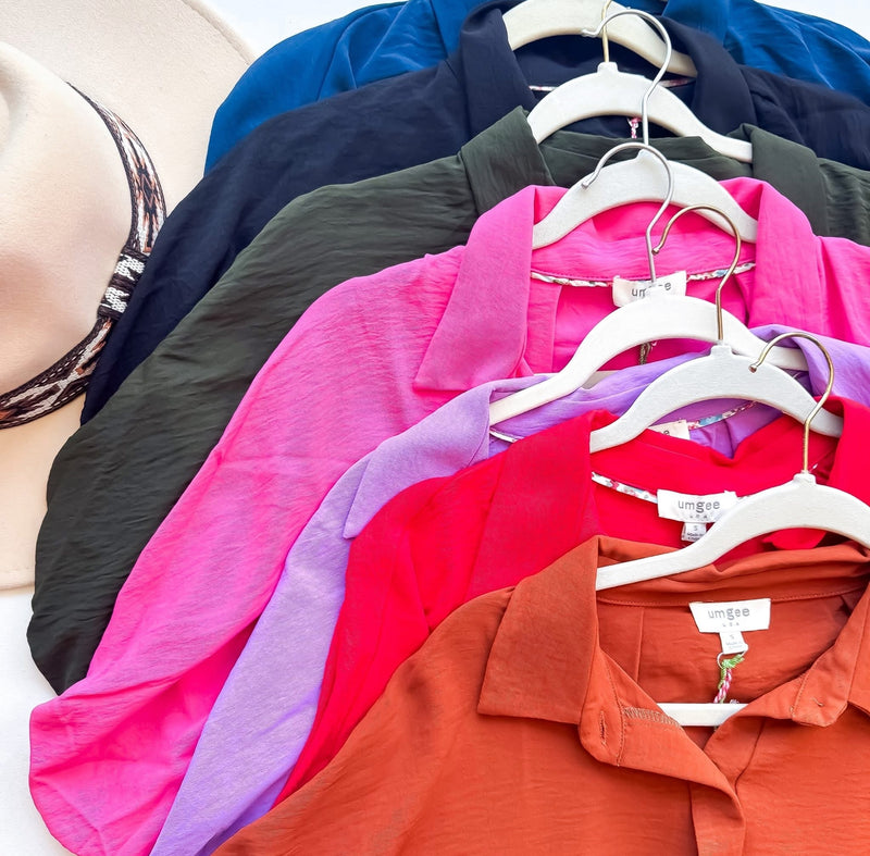Pumpkin, Black, Pink, Red, Teal or Purple Flowy Boxy Short Sleeve Button Front Blouse