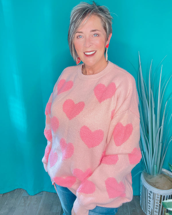 Light Pink on Pink Sweater with Raised Embellished Hearts Long Sleeves