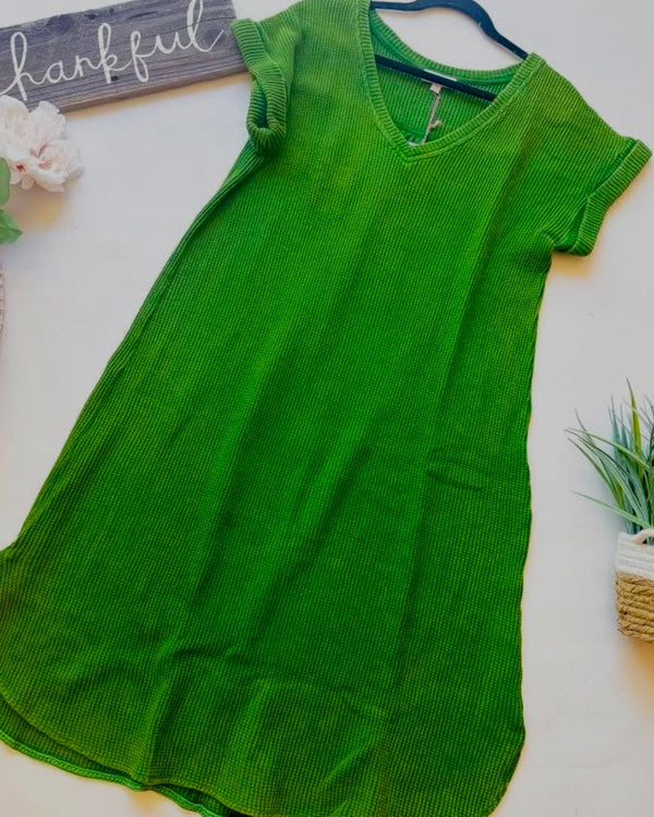 Solid Green Waffle Texture Short Roll Cap Sleeve VNeck Dress