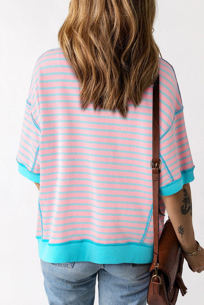 Blue & Lime Green or Pink & Blue Striped Outside Stitch Oversized Tee Top