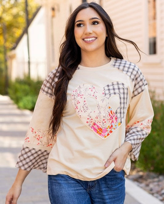 Boho Cream Peace Heart Patch Plaid Floral Pullover Sweatshirt