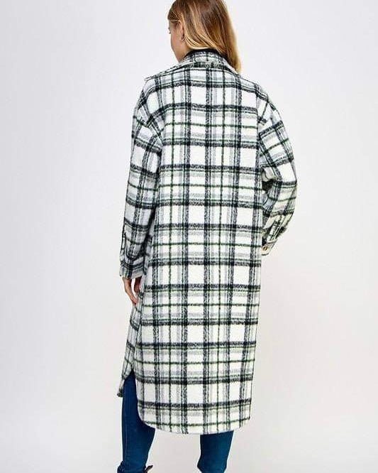 Black & White Plaid Duster Long Wool Flannel Open Front Coat Shacket