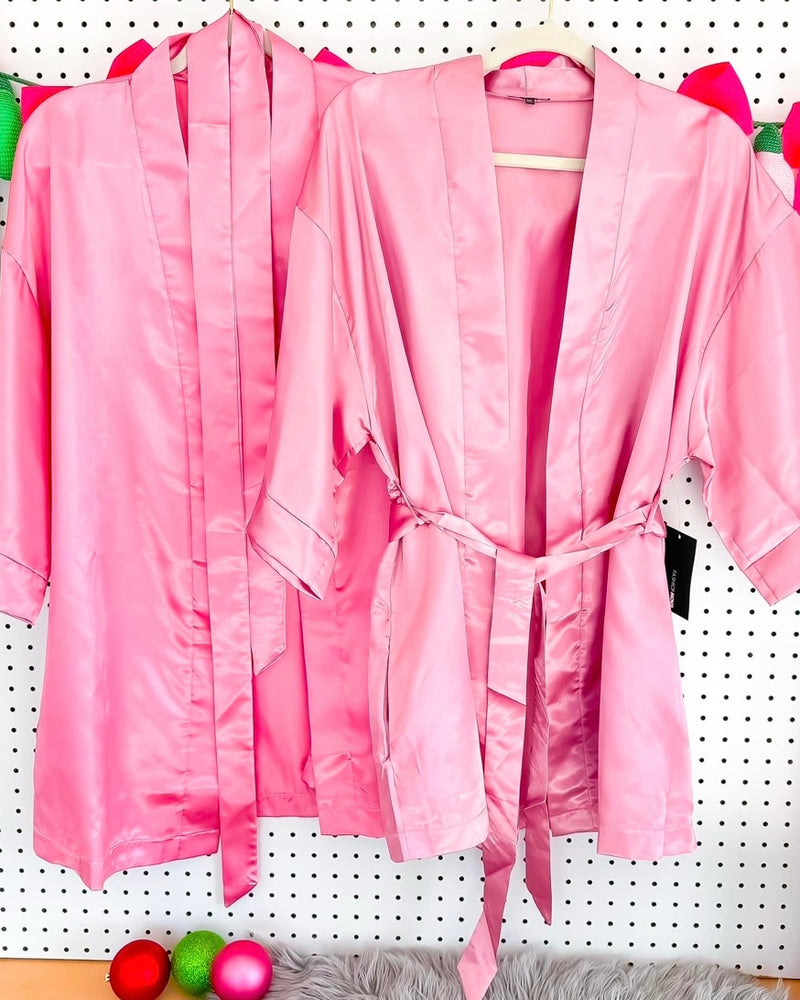 Pink Satin Open Front Self Tie Knee Length Bath Robe