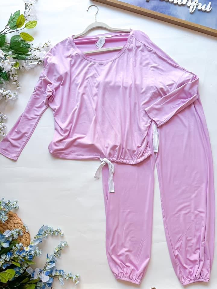 2 Piece Pink, Lilac or Green Pant Lounge PJ pajama Set with Long Sleeve Crew Neck Top