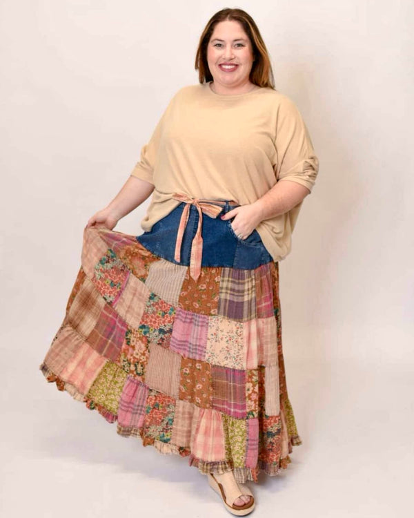 Denim Jean Brown Mix Media Floral Print Patch Long Skirt