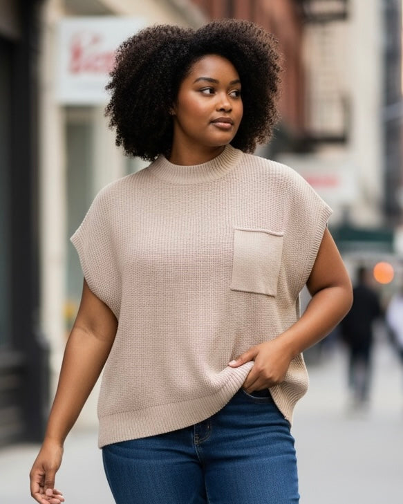 Khaki Cream Short Cap Sleeve Pocket Sweater Top