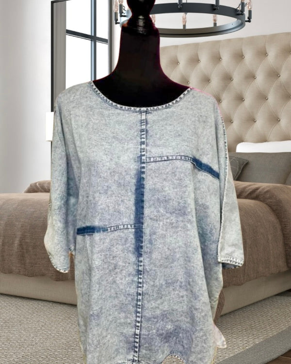 Plus Size Light Denim 3/4 Sleeve Tunic Top