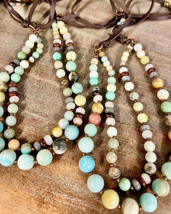 Double Layer Green & Neutral Bead Strand Necklace on Leather Strap