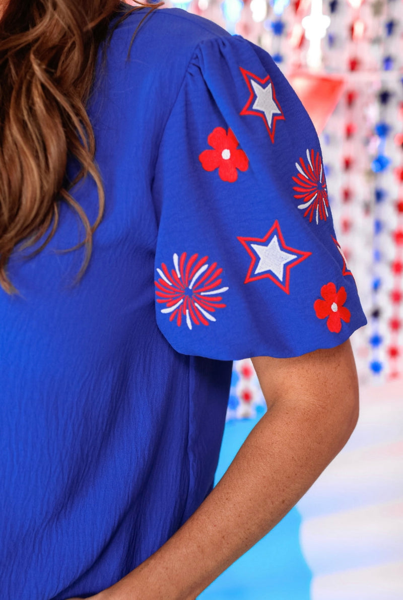 RWB Patriotic Princess Blue & Red Embroidery Puff Short Sleeve Ruffle Neck Top