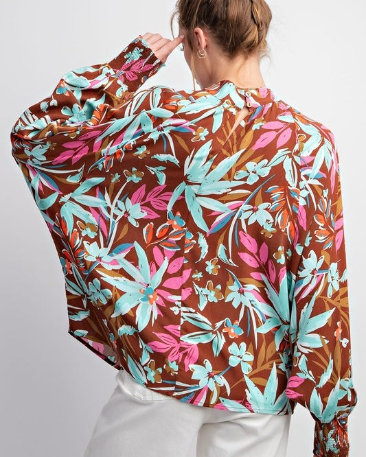 Mocha Brown or White Tropical Print Long Sleeve Challis Mock Neck Blouse