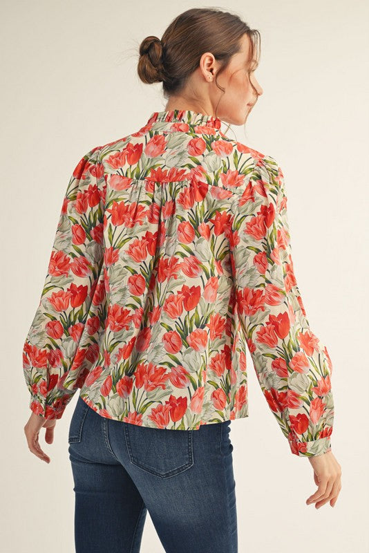 Rose Pink Floral Scallop Button Down Long Sleeve Blouse Top