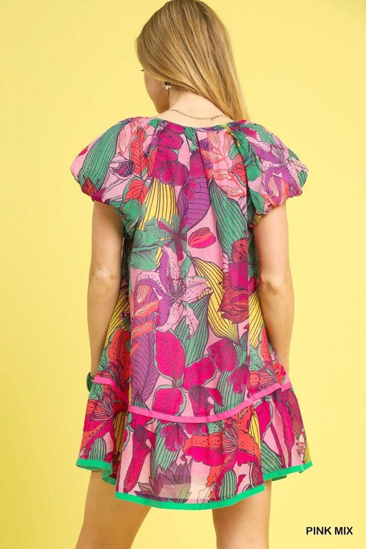 Bright Tropical Bloom Ruffle Short Puff Sleeve VNeck Dress