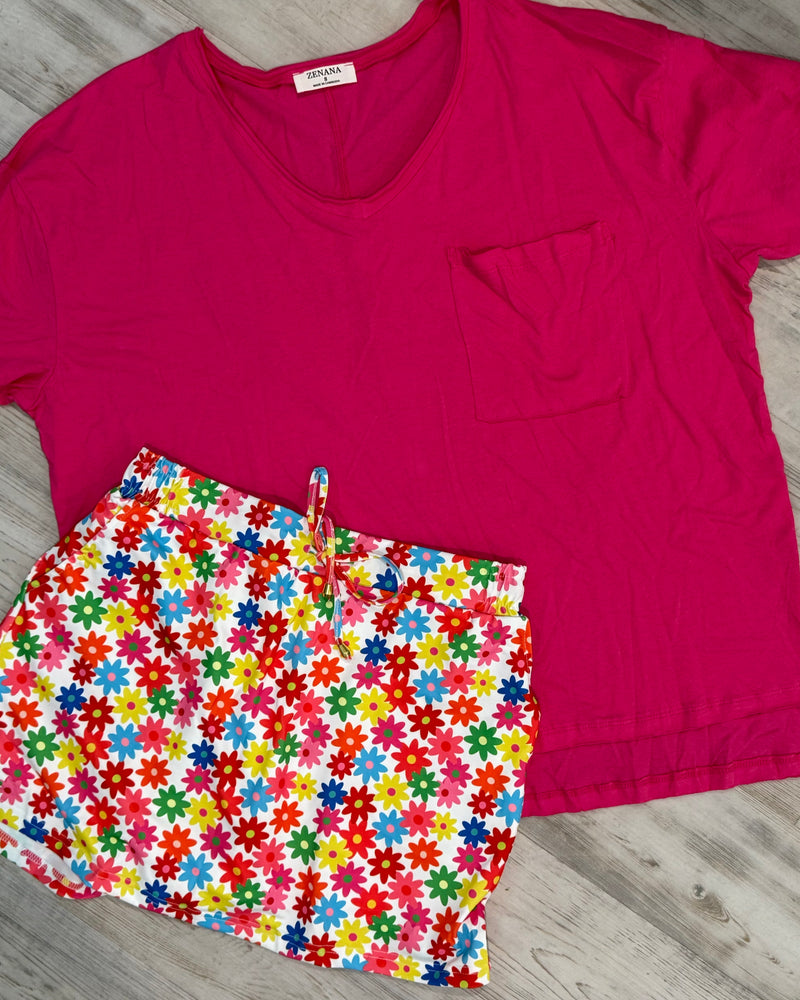 Bright Pink Short Sleeve Oversized Solid V Neck Chest Pocket T-Shirt Top