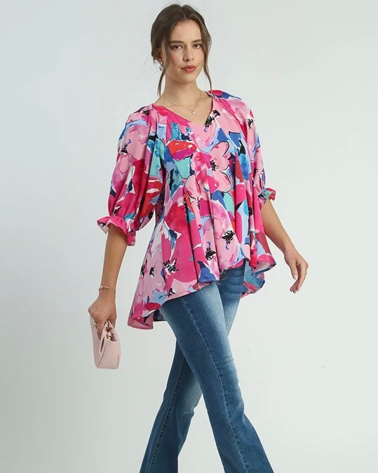 Plus Size Large Floral Spring Mix in Pink and Blue Hues Short Sleeve Blouse