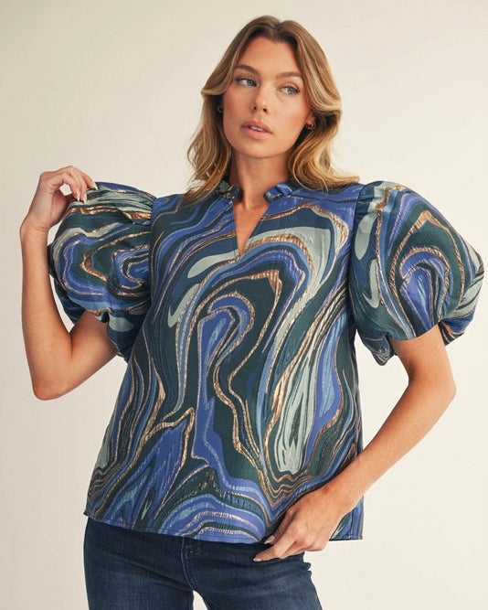 Blue & Gold Swirl Jacquard Short Bubble Sleeve Top