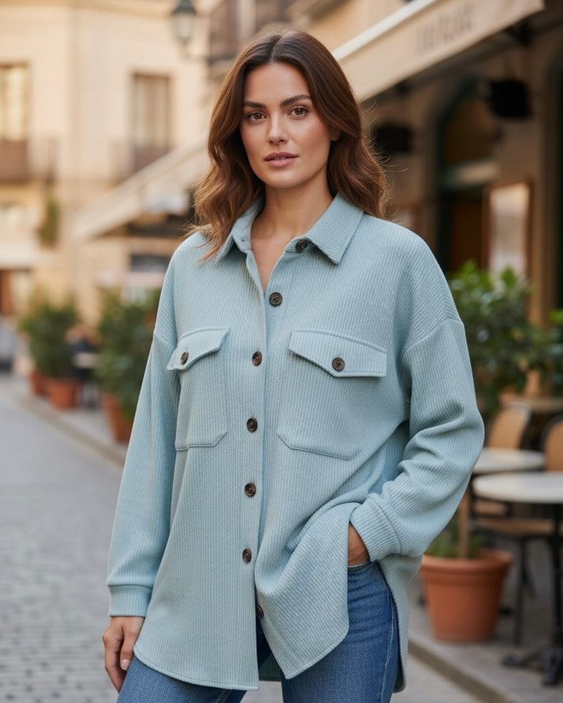 Gray or Blue Ribbed Long Sleeve Button Down Collared Shirt Jacket