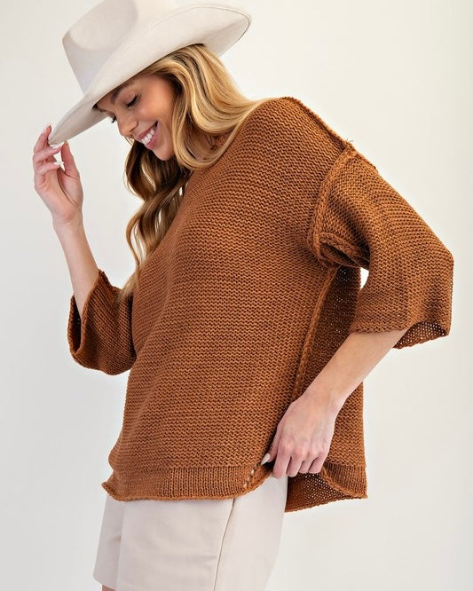 Brown Half 3/4 Sleeve Knitted Boxy Round Neck Sweater