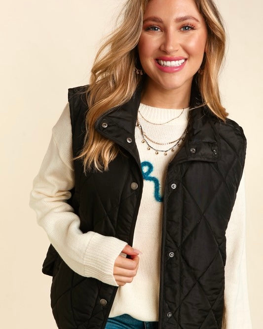 Black High Neck Snap Button Quilted Puff Vest