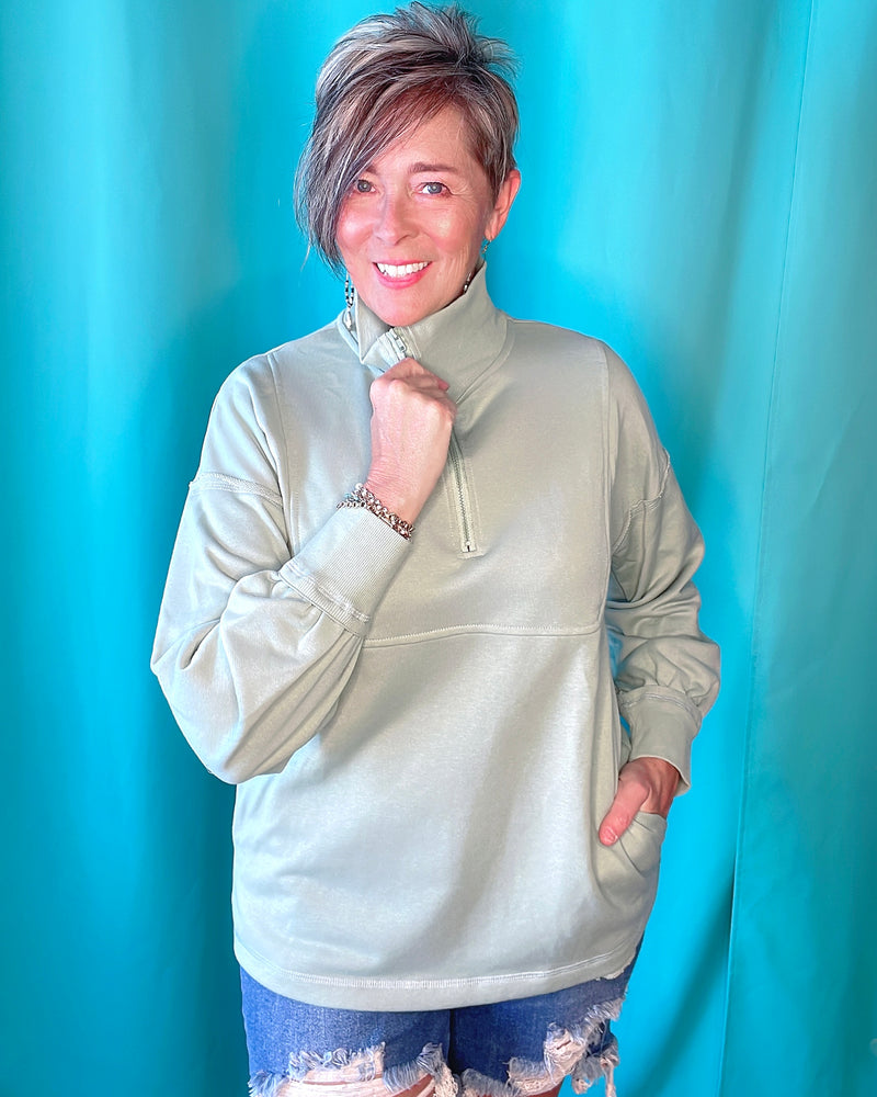 Sage Green Zip Front Long Sleeve Pocket Pullover Sweatshirt