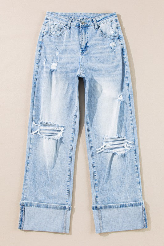 High Waist Light Wash Vintage Style Distressed Wide Leg Turned Cuff Jeans