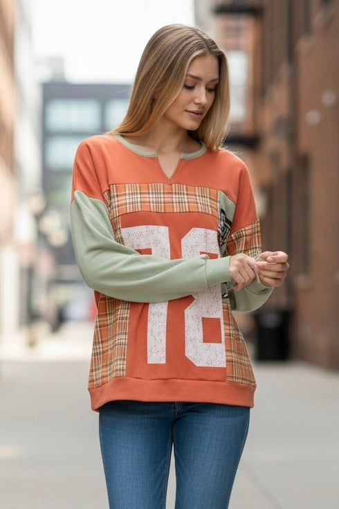 Terra Cotta & Green Contrast Plaid Long Sleeve Pullover Top