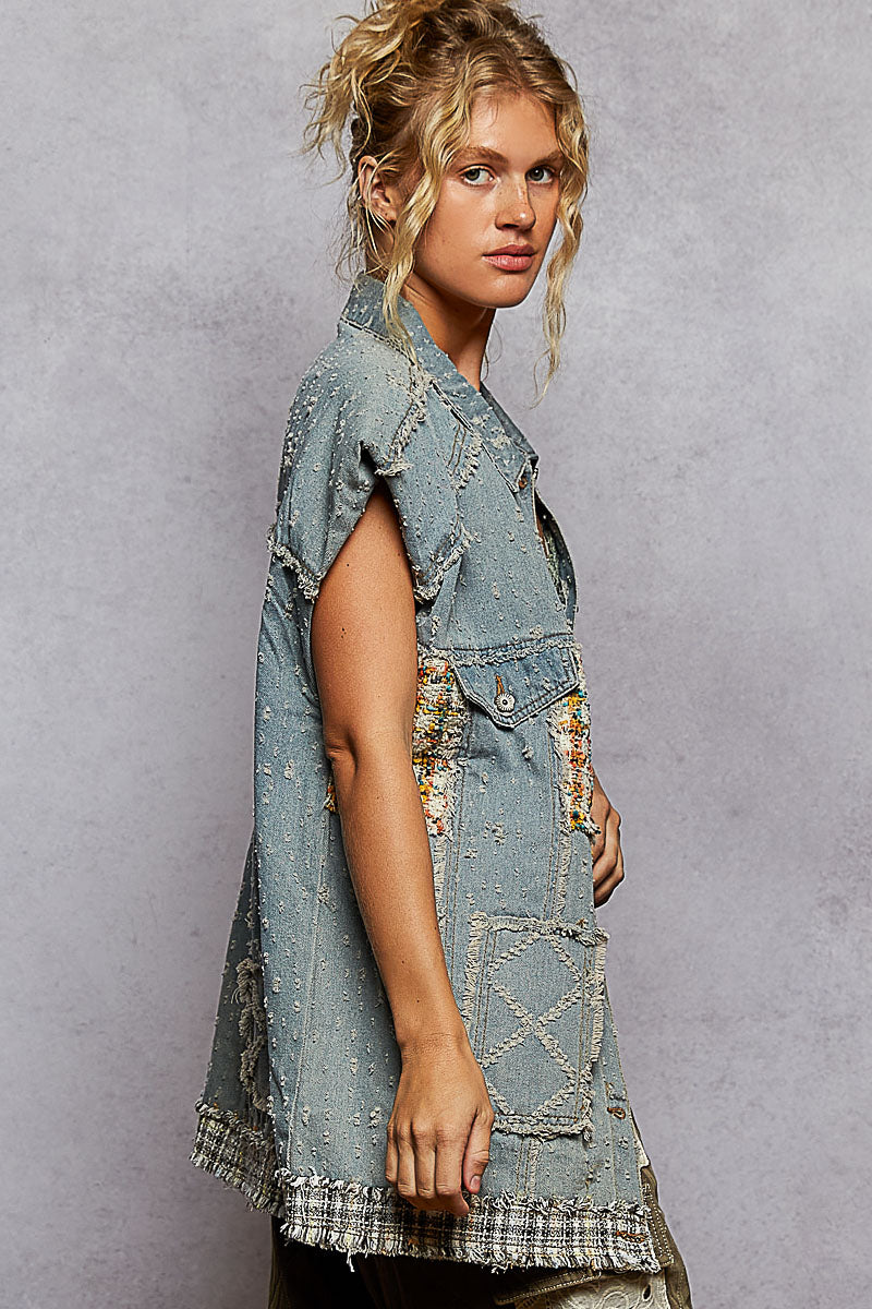 Denim Mix Patch Button Down Vest Jacket