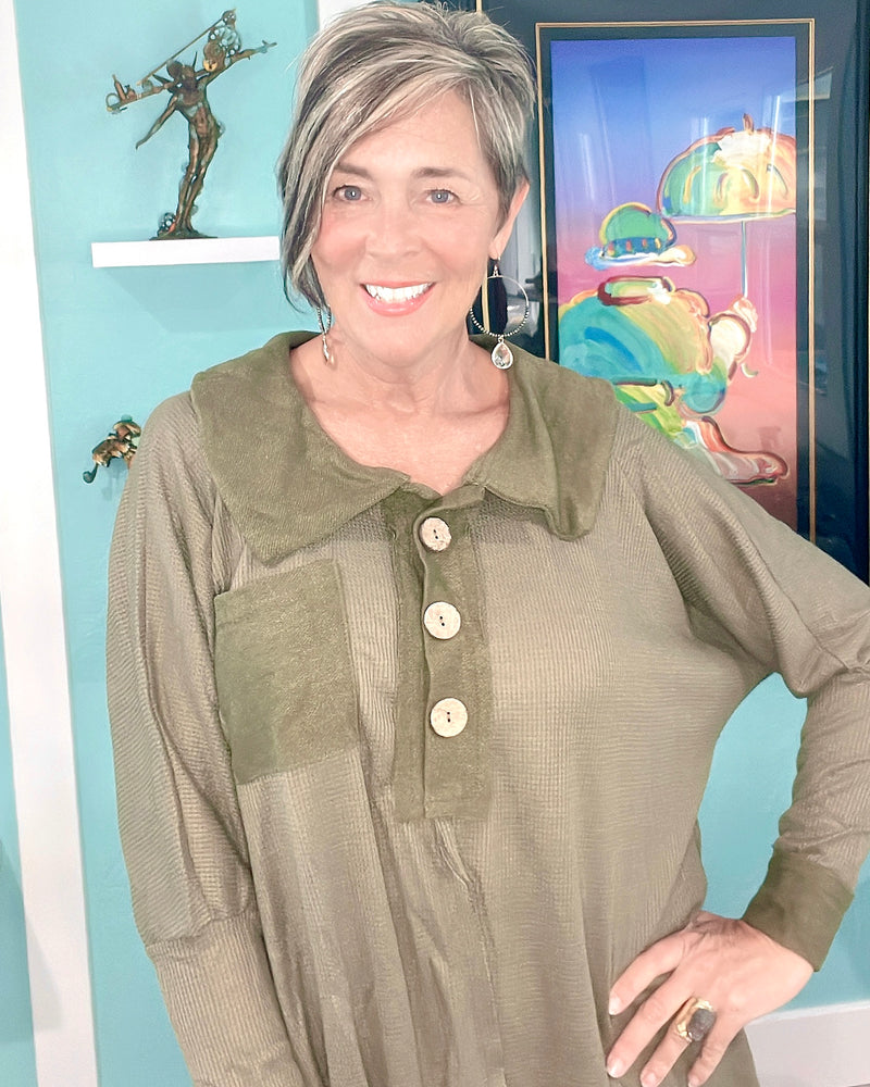 Casual Olive Green Waffle Texture Lightweight Knit Long Sleeve Tunic Top