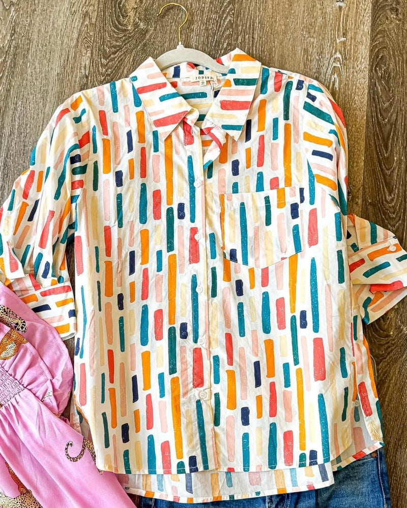 Orange Large Confetti Multicolor Abstract 3/4 Cuff Sleeve Button Down Top