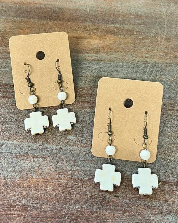 Small White Stone Cross Drop Earrings