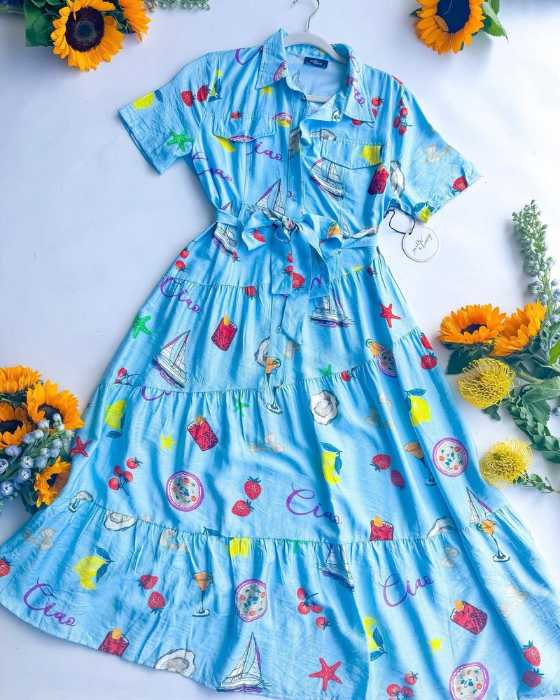 Blue Tropical Vacay Print Button Down Collar Short Sleeve Tier Midi Dress