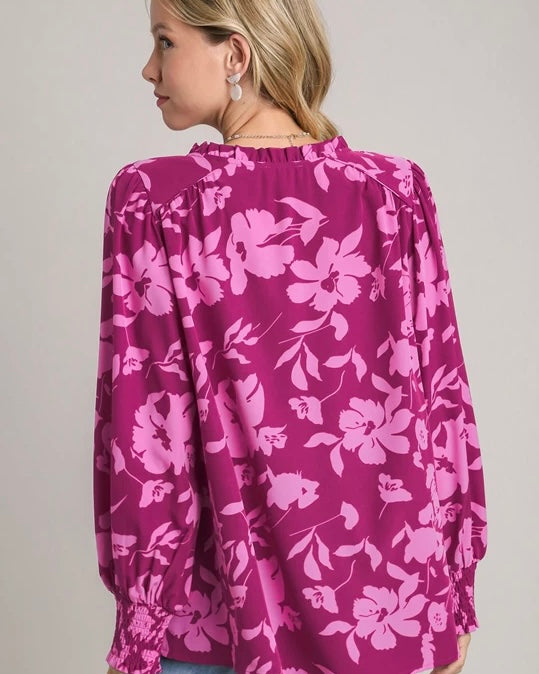 Plus Size Magenta Berry Mix Floral Print Long Sleeve Smock Ruffle Open Tie Neck Top