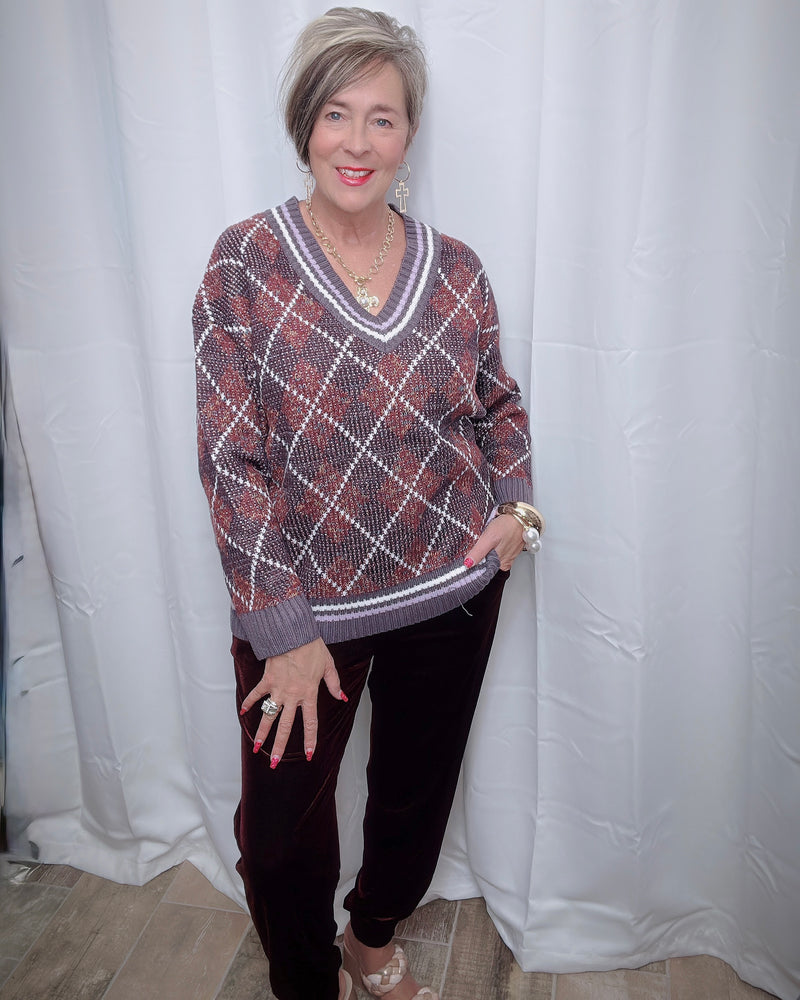 Burgandy Purple Mix Diamond Print Pattern Long Sleeve VNeck Sweater