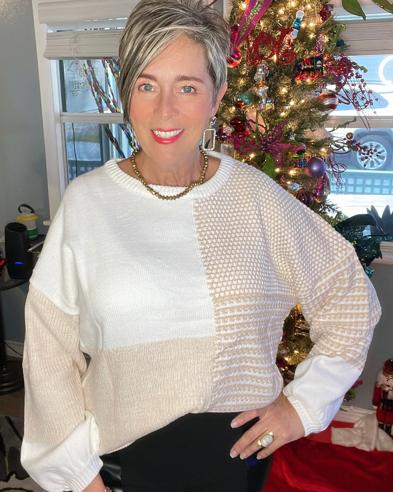 White Cream Sweater w/Tan Texture Block Tie Back