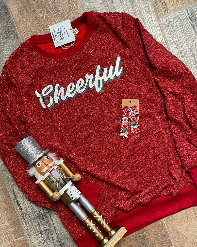 Red Sweater with "Cheerful" Across the Front Long Sleeve Festive Top