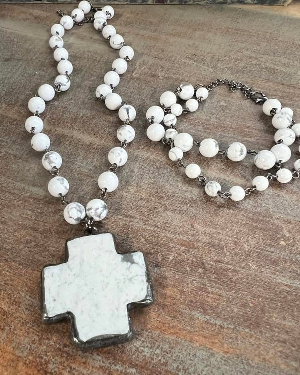 Gray, Turquoise or White Short Necklace with Stone Cross Pendant and Matching Beaded Bracelet Set