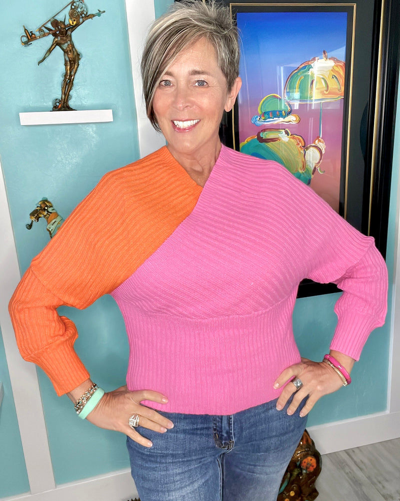 Pink & Orange Crossover VNeck Long Sleeve Ribbed Sweater