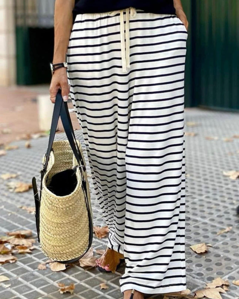 White & Black Striped Wide Leg Lounge Casual Elastic Waist Pant